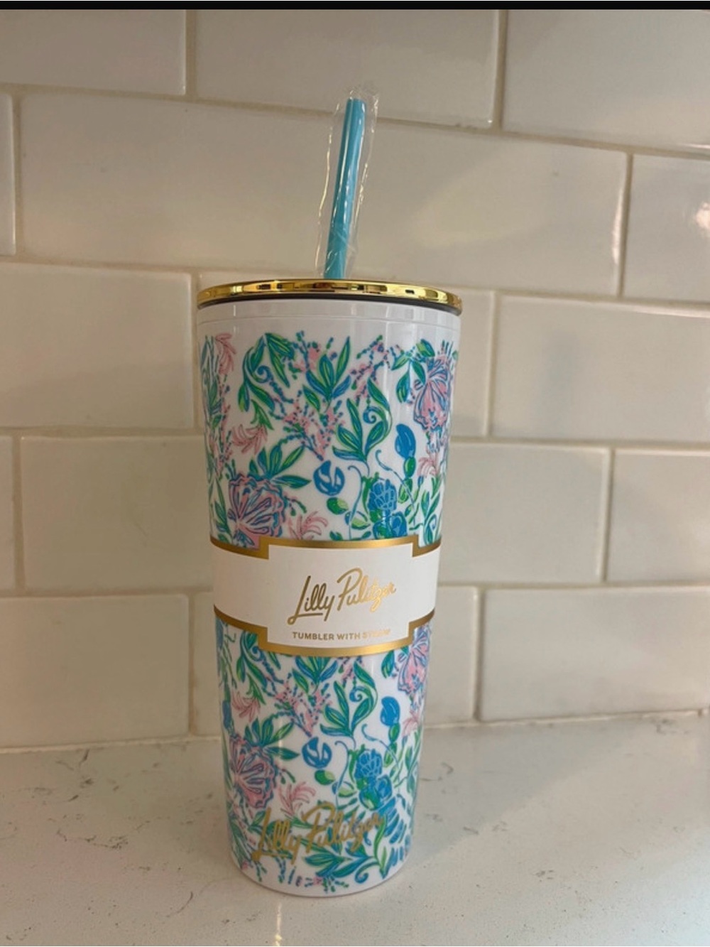 NWT Lilly Pulitzer  Stainless Tumbler w/ Straw - Blue, Pink, Green & Gold lid